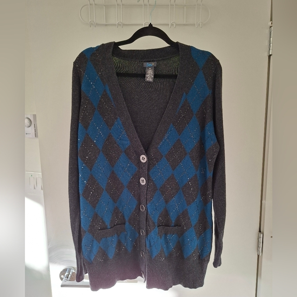 Dex Women's Gray & Teal Argyle Cotton/Viscose Longline Cardigan (Size 1X)